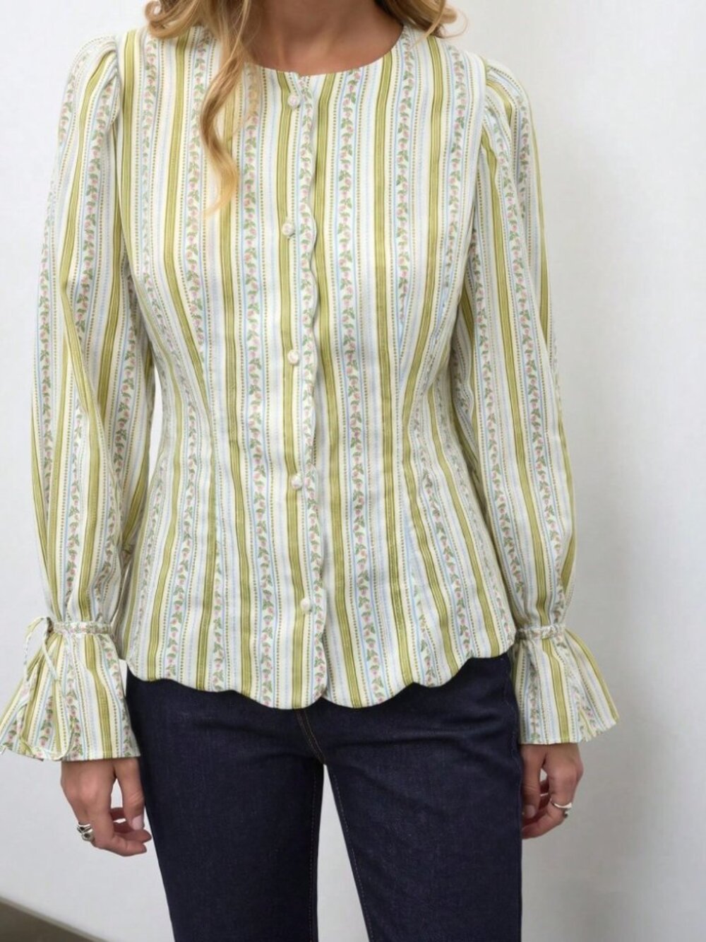 Yellow Floral Stripe Blouse with Scalloped Hem & Flutter Cuffs